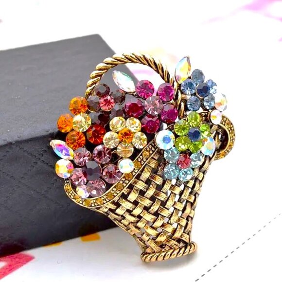 Flower Brooch Bouquet Basket Rhinestone Pin Gems Crystal Colorful Stylish Glam - Picture 3 of 4